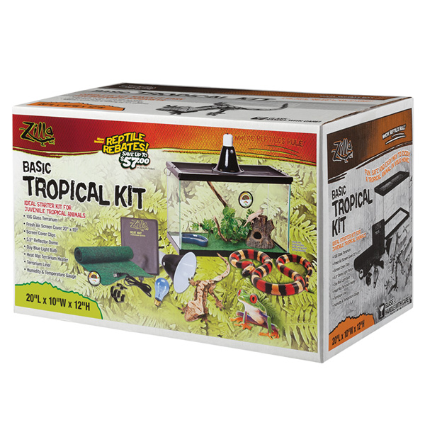 Enjoy your new tropical companion in a fun, safe and easy way. These starter homes are convenient and easy to set-up. Each kit includes essentials like a Screen Cover, a Reflector Dome with a Day Blue Bulb to provide heat and light and an under-tank heater.
  Ideal habitat for tropical reptiles  Included Terrarium Liner is odor-fighting carpet that is non-abrasive and treated with a biodegradable enzyme  Included inside: Reptile Rebates, up to $99 savings!  Glass enclosure is Made in the USA Kit includes:  Reflective Dome  Day Blue Incandescent Bulb  Screen Cover  Humidity/Temperature Gauge  Heat Mat  Green Terrarium Liner  Setup Guide  *Does not include UVB lighting which may be required for some desert-dwelling reptiles